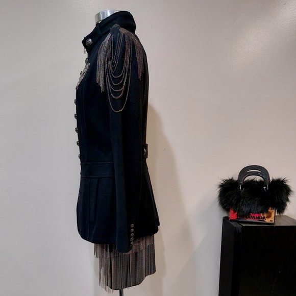 💥KILLER DESIGN💥Vintage Steampunk Chain Shoulder Military Wool Coat in Black - Picture 10 of 16